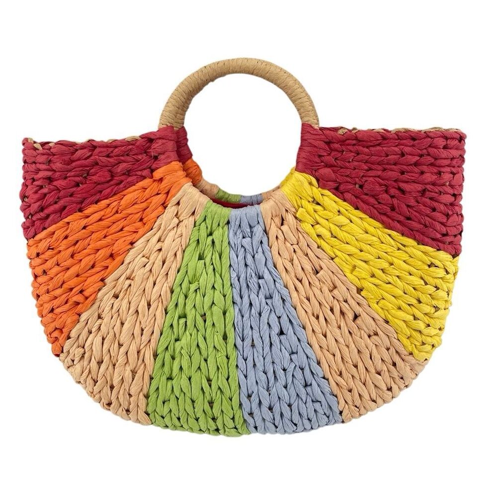 Rainbow Boho Straw Tote Bag Colorblock Resort Beach Vacation Top Handle Handbag - Picture 4 of 10